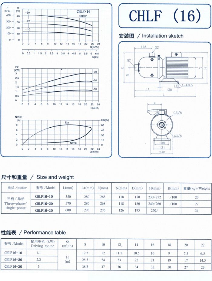 CHLF輕型立式不銹鋼多級離心泵安裝圖、尺寸、性能