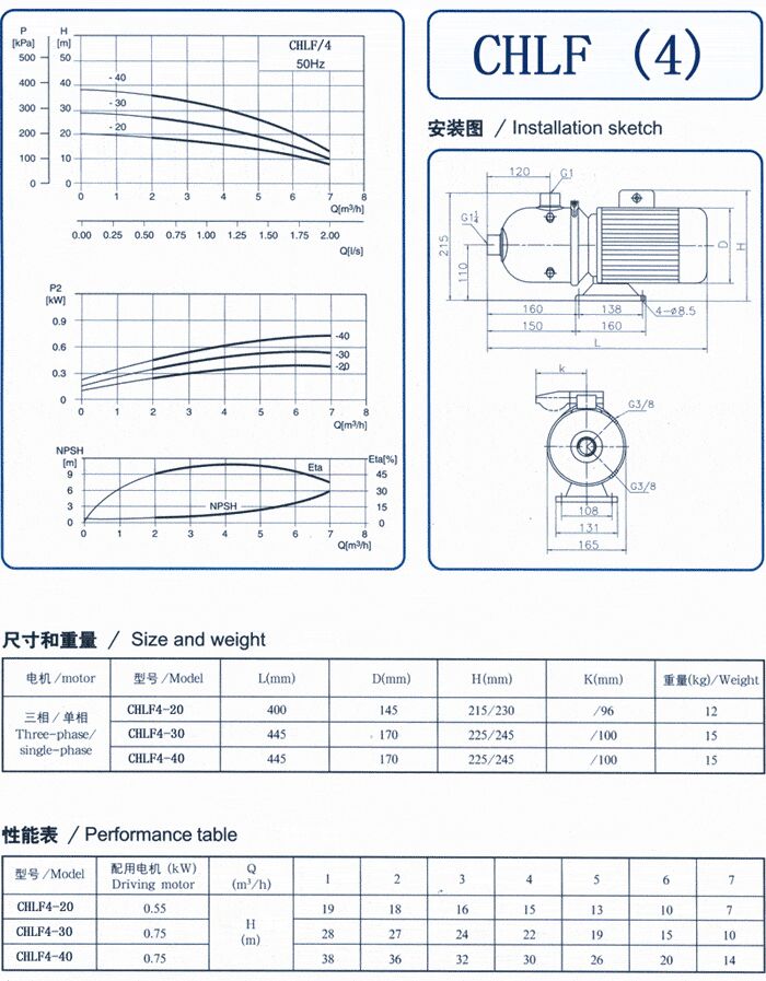 CHLF輕型立式不銹鋼多級離心泵安裝圖、尺寸、性能