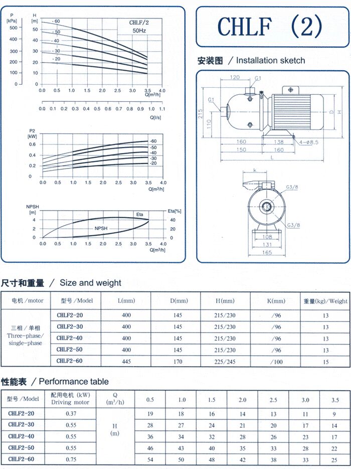 CHLF輕型立式不銹鋼多級離心泵安裝圖、尺寸、性能