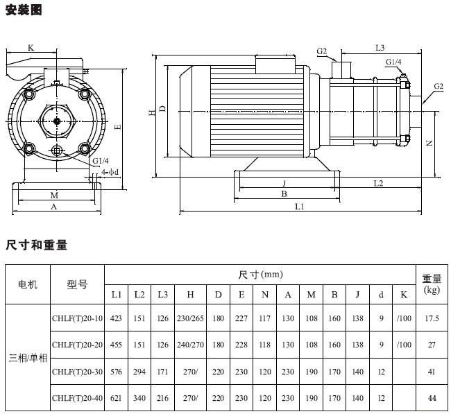 不銹鋼多級離心泵安裝圖、尺寸及重量