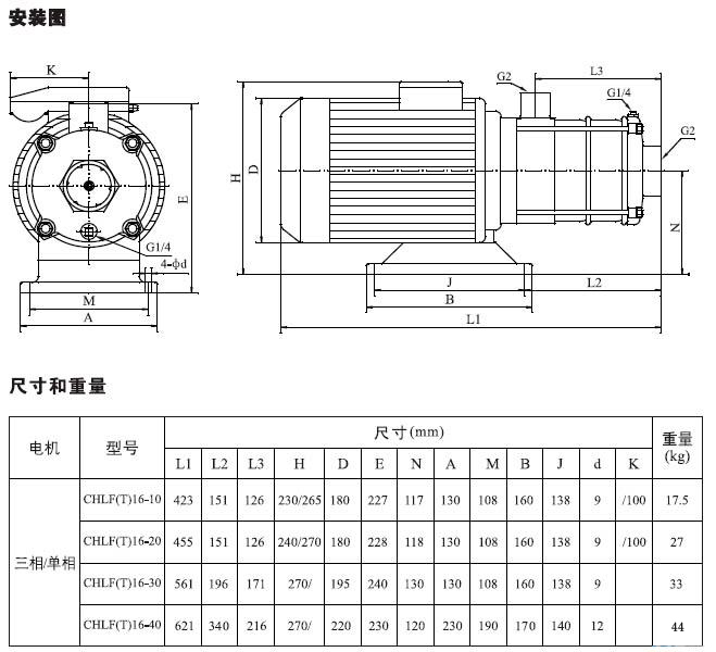 不銹鋼多級離心泵安裝圖、尺寸及重量