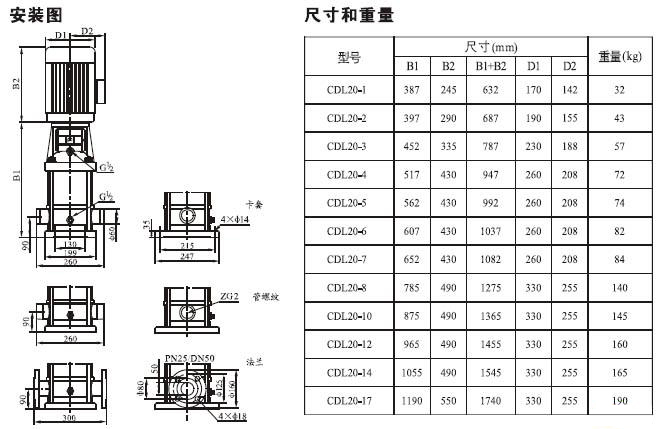 CDL立式多級(jí)離心泵安裝尺寸圖